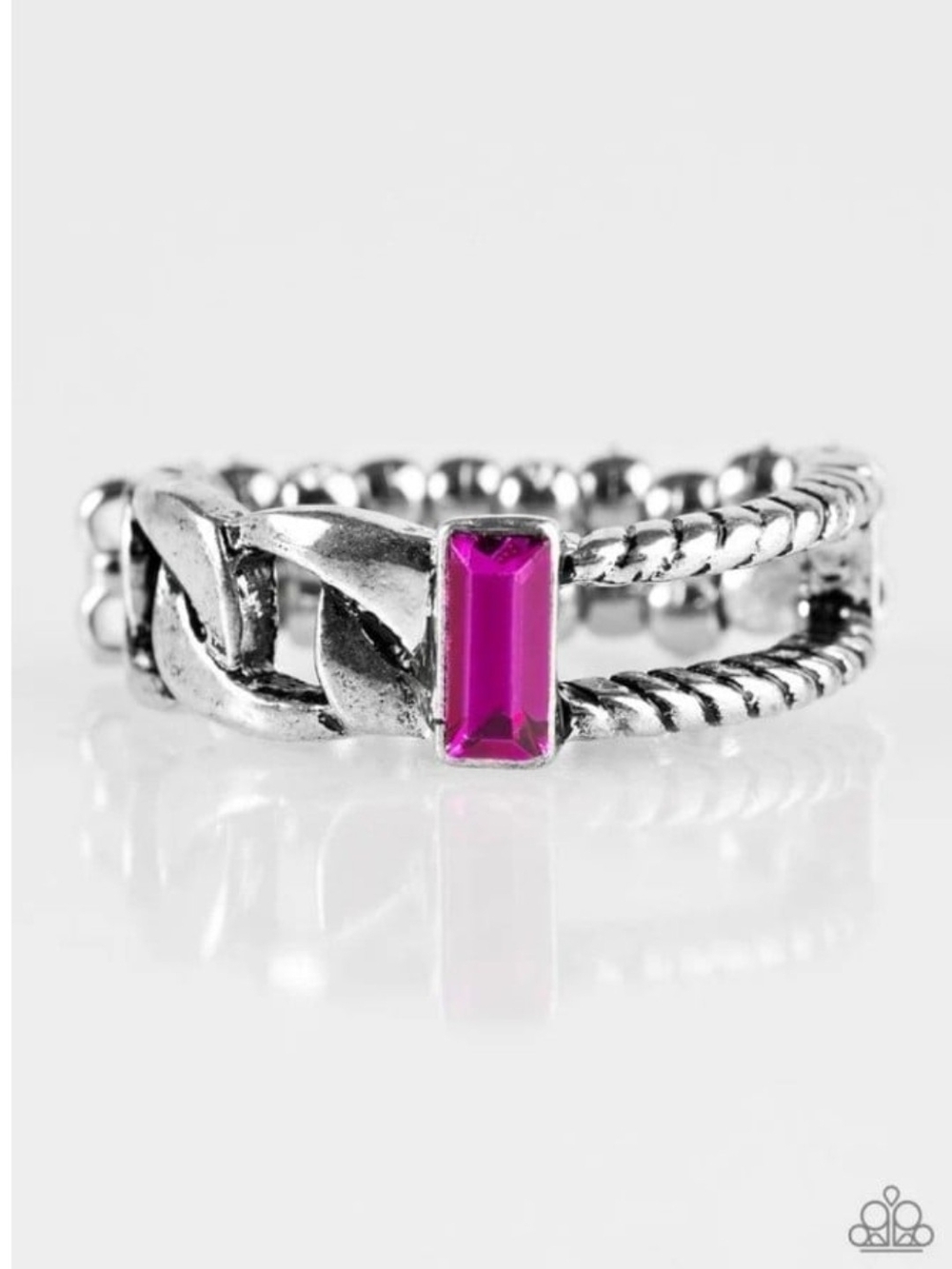 Runway Edge Pink Silver paparazzi Silver-Tone Fuchsia Baguette Chain Ring
